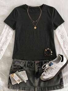 Dazy Plus Plus Size Contrast Color Lace Patchwork Striped T-Shirt Cute Tops - Grey - View 5