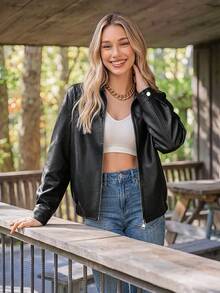 Coeurva Women's Black Jacket Collared Long Sleeve Slim Fit Relaxed Fall Autumn Elegant Refined Downtown Holiday Soft Layered Outdoor Ladies - Black - View 6