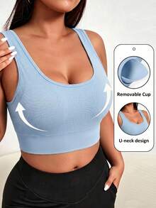 SHEIN Unity Women's Plus Size Solid Color Everyday Fitness Sports Bra - Blue - View 1