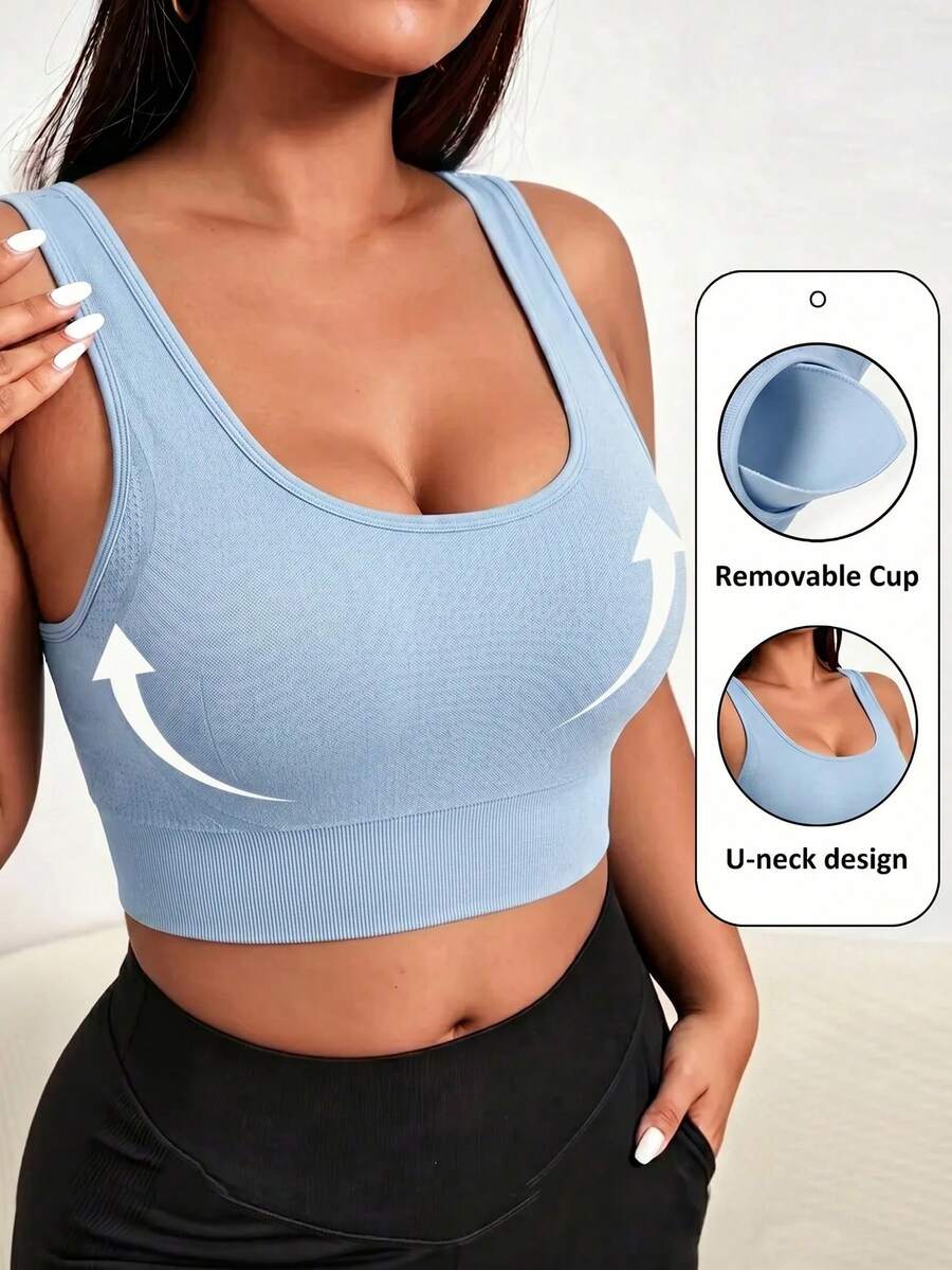 SHEIN Unity Women's Plus Size Solid Color Everyday Fitness Sports Bra - Blue - View 1