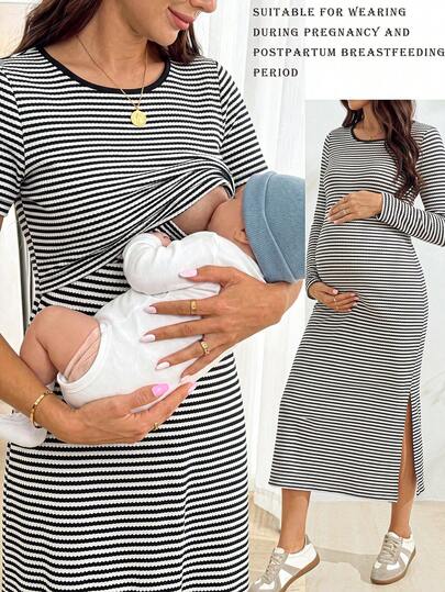 Nursing Function Colorblock Long Sleeve Side Slit Minimalist Dress  SHEIN Pregnant Women Black Striped Texture Maternity Long Sleeve Nursing Dress,