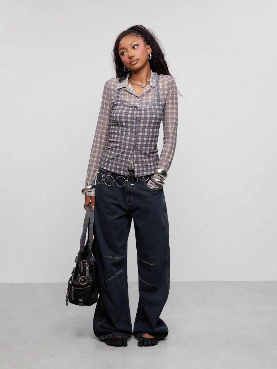 COUREZ Low Rise Mid Balloon Jeans With Seaming Details /Y2K Fall Outfits Autumn Fall Clothes Jeans For Women Baggy Jeans Pants For Women Wide Leg Pants Woman - Dark Wash - View 1
