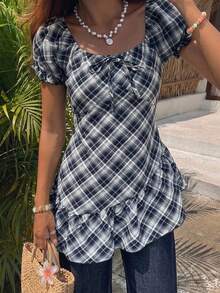 DAZY Women's Plaid Round Neck Casual Short Sleeve Blouse School - Black and White - View 10