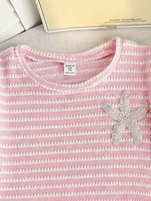 SHEIN Setelan 2 Potong untuk Anak Perempuan Remaja: Kaos dan Celana Panjang Lengan Pendek Kerah Bulat Motif Bintang Laut Bergaris, Kasual Longgar Minimalis Nyaman - Berwarna merah muda - View 3