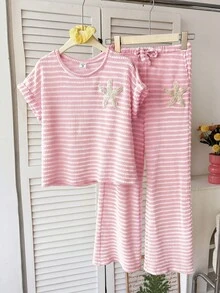 SHEIN Setelan 2 Potong untuk Anak Perempuan Remaja: Kaos dan Celana Panjang Lengan Pendek Kerah Bulat Motif Bintang Laut Bergaris, Kasual Longgar Minimalis Nyaman - Berwarna merah muda - View 6