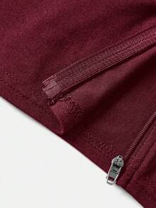 SHEIN Young Girls Solid Color Fitted Knit Casual Long Sleeve Sports Zip-Up Jacket, Simple Casual Elastic, Front Zipper, Straight Collar, Slim Fit Long Sleeve. Perfect For Casual And Daily Wear, School Daily, Girls, Zip-Up Jacket, Children's Sportswear, Autumn Winter, Summer. - Burgundy - View 4