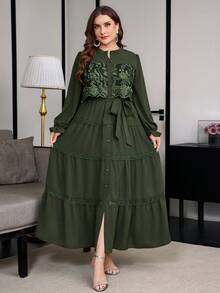 Reflora Plus Size Vacation Fashion Lace Patchwork Flared Cuff Button Dress - Green - View 3