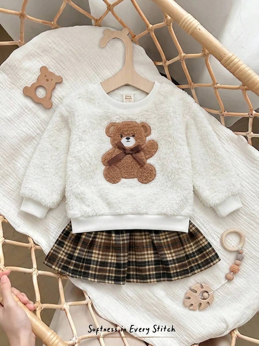Cozy Pixies Baby Girl Cartoon Bear Pattern Knitted Soft 2 In 1 Crew Neck Long Sleeve Autumn Winter Dress - Multicolor - View 1