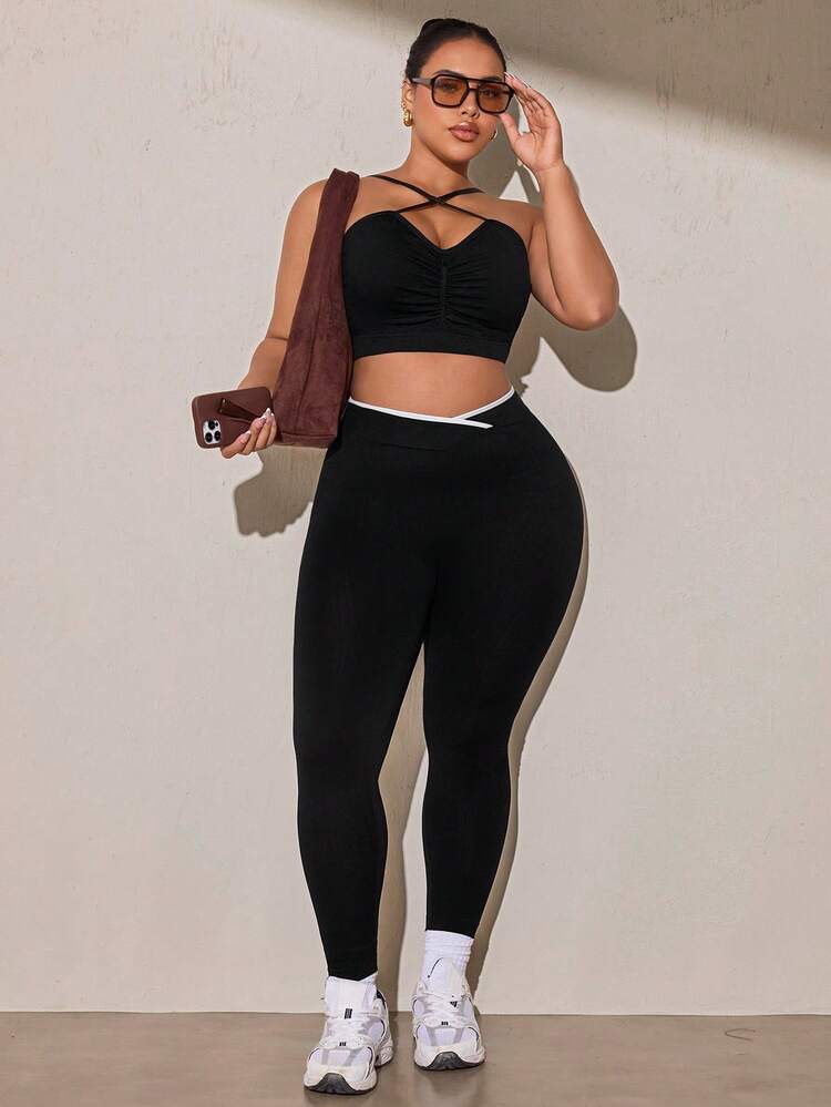 SHEIN Rhythm Era Women's Plus Size Solid Color Ruched Casual Daily Sports Bra - Black - View 6