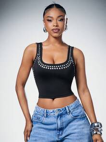 Denimoi Women's Rhinestone Design Square Neck Fitted Cropped Tank Top - Black - View 1