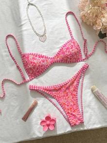 Swim Mod 2026SS Full-Print Floral & Striped Trim Sweet Cute Bikini 2 Pieces Set, Women's Vacation Casual Beach Swimsuit - Pink - View 2