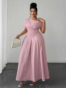 Maweii Plus Size French Design Pink Asymmetrical Neckline Short Sleeve Cinched Waist Flared Hem Women's Dress Cocktail Wedding Summer Romantic Elegant - Pink - View 6