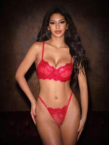 Bella Beso 2pcs Set Mature Burgundy Lace Patchwork Lingerie Setfor Summerfor Summer - Red - View 1