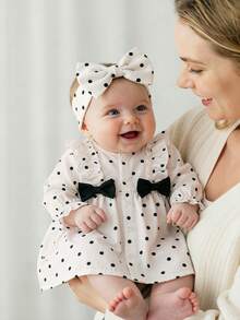 SHEIN Vintaside Kids Cute Baby Girl Red And White Polka Dot Dress, With Bow Decoration, Ruffle Long Sleeve Front Button Casual Soft Comfortable Fabric, Spring Autumn Wear - Black and White - View 4