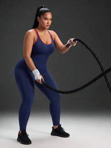 Powerista Women's Plus Size Letter Print Colorblock Casual Daily Travel Sports Jumpsuit - Blue - View 6