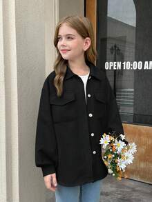 SHEIN Tween女孩素色米色燈芯絨翻蓋口袋落肩長袖外套，適合秋冬 - 黑色 - 查看 11