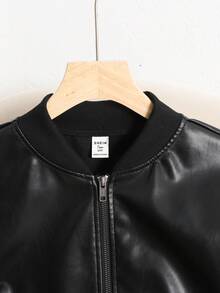 SHEIN Teen Girl PU Leather Casual Street Style Baseball Jacket , Fall/Winter - Black - View 6