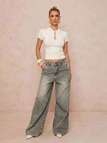 Lumalex Ivory Knit Crop Top With Mandarin Collar Short Sleeves Frog Knot Buttons Front Keyhole Cutouts Ribbed Cuffs Luxury Top Outfits For Parties Dates Daily - Apricot - View 3