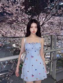 Skyraze Women's Light Blue Floral Summer Embroidered Ruffle Bust Camisole Mini Dress,Cottage Core Tropical Strappy Square Neck Picnic Vacation,Elegant Prom - Blue - View 1
