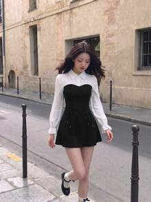 SHEIN MOD Hai âm Lace lên phía trước tay áo lá sen Đầm - Nhiều màu - Xem 3