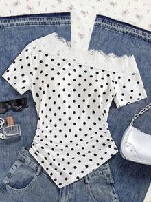 SHEIN Teen Girls Teenage White Black Polka Dot Lace Short Sleeve Personalized Elegant Charm, Summer, Knit, Back To School, Vacation,3 Pack - White - View 3