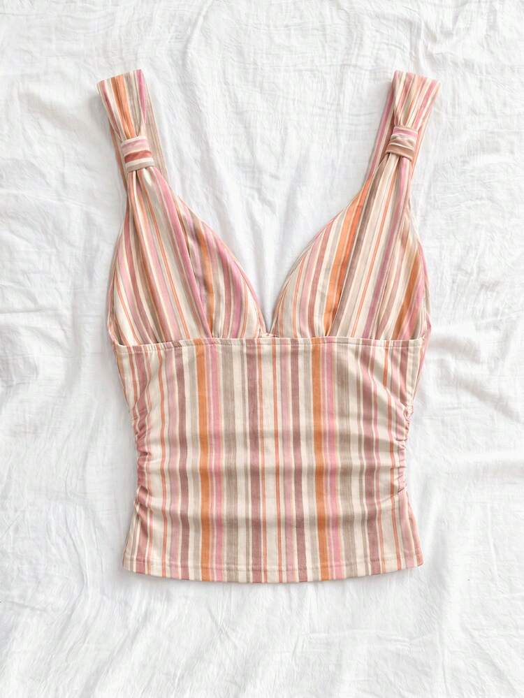 Soleia Women's Elegant Vacation Knitted Fabric Tie-Strap Ruched Slimming Tank Top, Suitable For Date, Afternoon Tea, Beach, Cruise, Island Vacation, Music Festival, Boho Vacation, Can Be Worn As Innerwear Or Outerwear - Multicolor - View 2