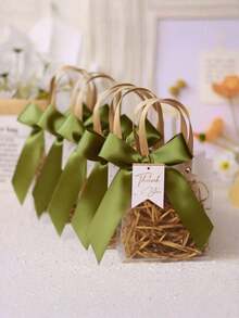 5/10pcs Premium Frosted Gift Bag, Thickened Hand-Held Bag, Including Satin Ribbon And 'Thank You' Tag, Lavender Design Valentine Day - Green - View 2