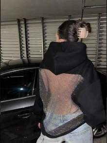 INAWLY 大尺碼女款休閒露背網紗亮片連帽衛衣，日常休閒街頭風演唱會套頭衫，冬季款 - 黑色 - 查看 7