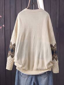Rusticease Cardigan Rajut Tebal Musim Gugur/Dingin Wanita, Sweater Ukuran Besar dengan Motif Berlian Jacquard - Aprikot - View 2