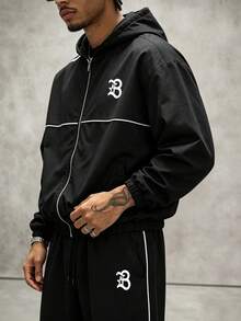 PAVTROS Men's Letter Print Hooded Zip-Up Jacket And Contrast Trim Pants Set,2 Piece White And Black,Autumn,Streetwear,Holiday Tracksuit Set Jogging Suits - Black - View 6