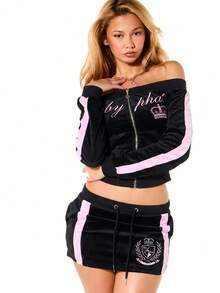 BABYPHAT 女款字母印花拼色休閒百搭日常裙 - 黑色 - 查看 4