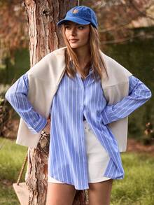 Cloudara WOMAN BLUE AND WHITE LINED POPLIN BLOUSE - Blue and White - View 5