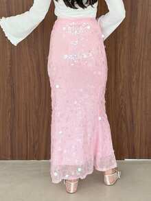 Yasmeen Edit Yasmeen Edit Rok Elegan Wanita Warna Polos Berpayet Model Duyung dengan Hem Warna Pink untuk Musim Panas - Berwarna merah muda - View 2