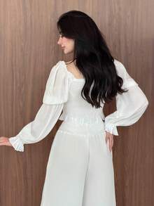 Yasmeen Edit Yasmeen Edit Elegant White Summer Tea Party Blouse,Sweetheart Neck Ruched Bust Frill Trim Lotus Knot Puff Flare Long Sleeve Tops,Victorian Pirate Rococo Shirt - White - View 3