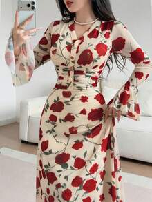 Feyla New Design V-Neck Waist-Cinching Slimming Floral Print Elegant Romantic Vacation Party Elegant Sexy Dress - Multicolor - View 2