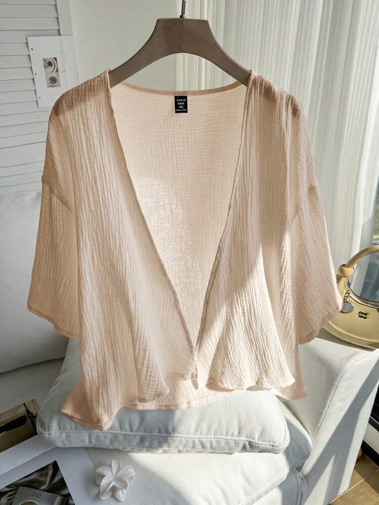 Solflare Plus Size Lightweight Short White Jacket , Summer Cotton Comfortable Cardigan In Fall/Winter - Apricot - View 5