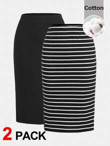SHEIN Tween女孩 春/秋季 極簡優雅款 黑色與白色條紋/純色 修身百搭裙 - 彩色 - 查看 2