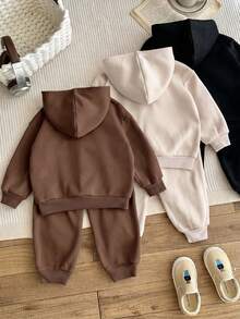 LMoss Kids 女童小女孩針織素色愛心圖案連帽休閒衛衣與長秋褲 6件套 - 棕色 - 查看 2