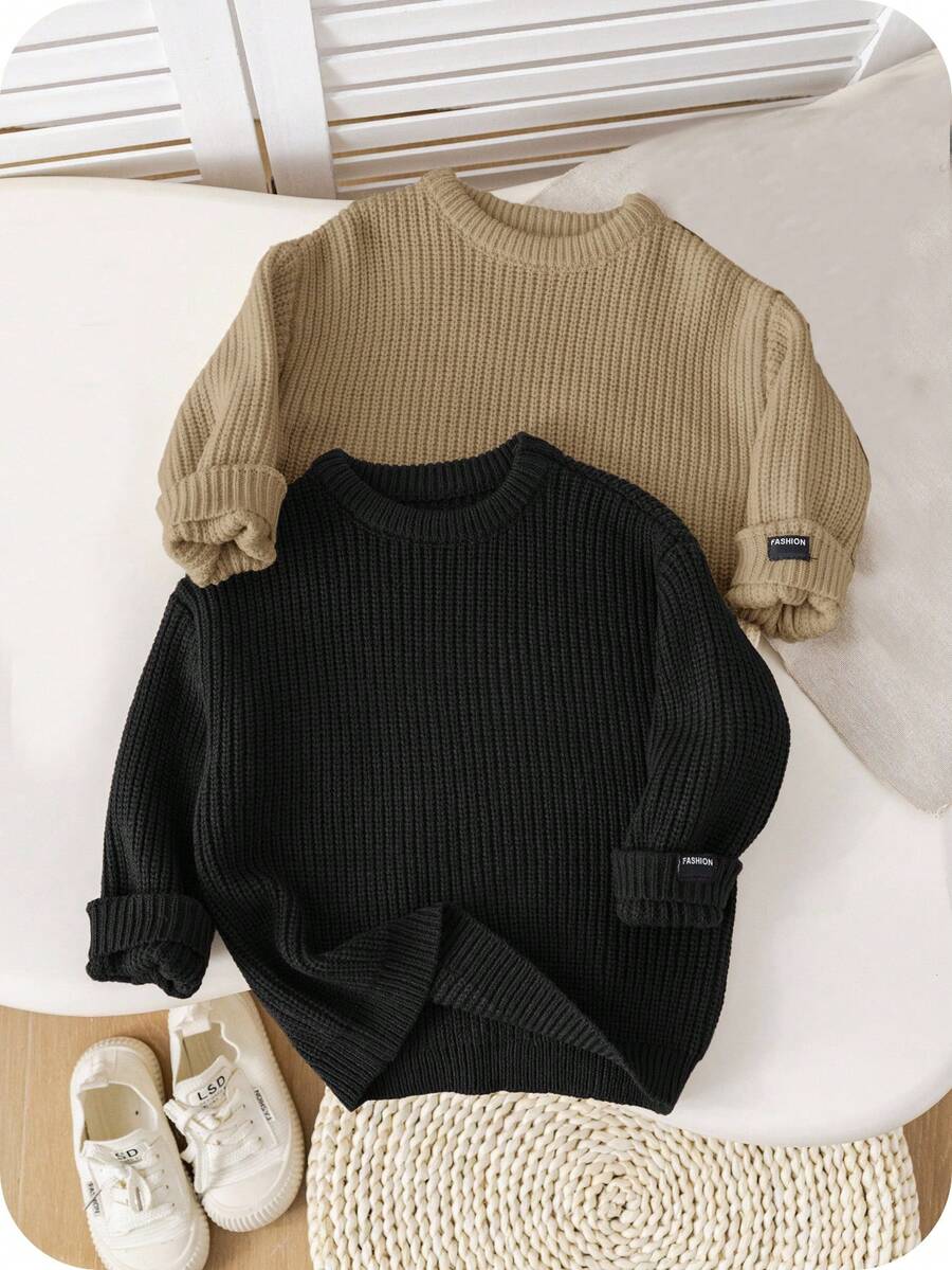 SHEIN 2件組返校季小男孩棕色卡其紋理寬鬆套頭毛衣,居家、疊穿、外出與學校穿搭皆宜 - 彩色 - 查看 1