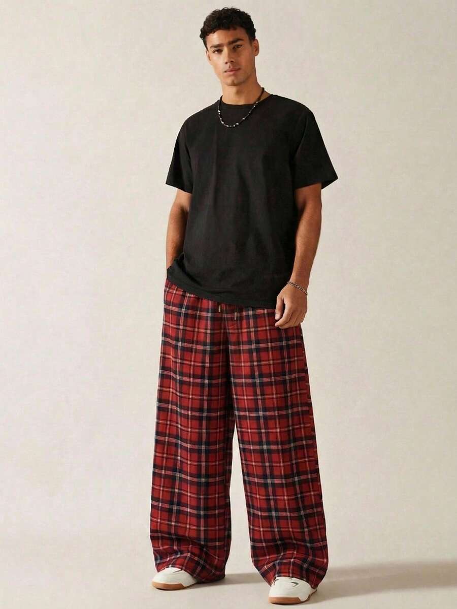 SWAVVY 男士休闲抽绳腰宽松格子裤