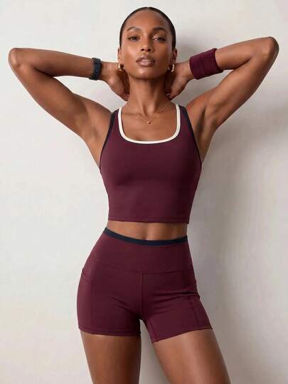 Zivah Women's Colorblock Cropped Top And High Waist Shorts Casual Daily Sports Set