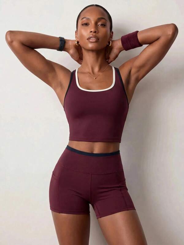 Zivah Women's Colorblock Cropped Top And High Waist Shorts Casual Daily Sports Set