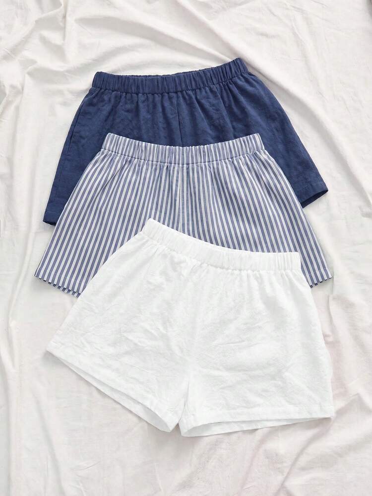 SHEIN VCAY 3pcs/Set Women Summer Woven Fashionable Multi-Color Linen Shorts,Summer Outfits For Women - Navy Blue - View 5