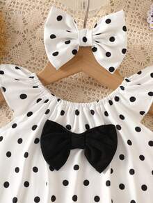 SHEIN Vintaside Kids 新生兒甜美可愛波點荷葉袖連身衣與髮帶套裝 夏季款 - 黑與白 - 查看 6