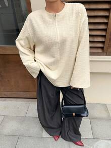 Dazy Plus Knitted Jacquard Fabric Loose Half-Zip Bell Sleeve Long Sleeve Spring Autumn T-Shirt - Apricot - View 6