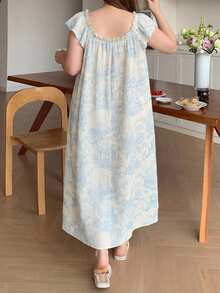 Dazy Plus Camisola Elegante de Primavera/Verão com Estampa Romântica em Todo o Tecido, Textura de Crepe e Manga com Babado - Azul - Visão 5