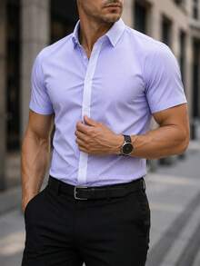 Manfinity Mode Men's Business Casual Light Color Striped & Solid Color Patchwork Short Sleeve Shirt - Mauve Purple - View 5