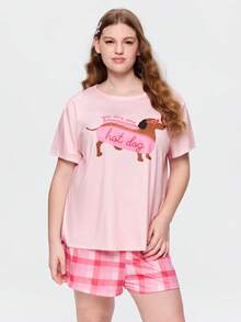 Bonmuse Plus Size 3-Piece Pajama Set For Women, Cool Short Sleeve Top, Shorts And Long Pants, Round Neck Pullover, Comfortable Loose Fit, Cute Dachshund Dog Graphic Print, Suitable For Home, Vacation, Holiday, Party, Beach, And Casual Wear, All Seasons - Pink - View 1