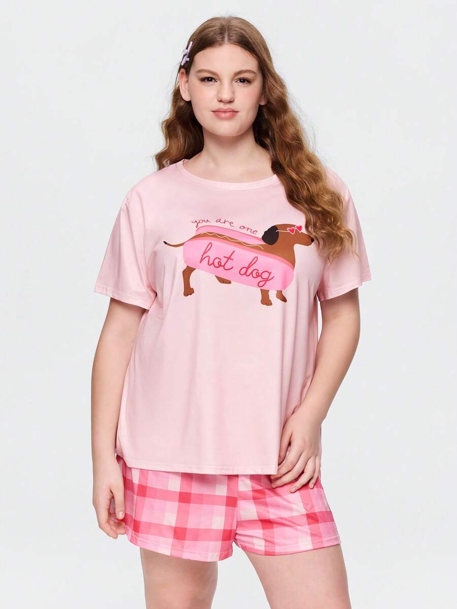Bonmuse Plus Size 3-Piece Pajama Set For Women, Cool Short Sleeve Top, Shorts And Long Pants, Round Neck Pullover, Comfortable Loose Fit, Cute Dachshund Dog Graphic Print, Suitable For Home, Vacation, Holiday, Party, Beach, And Casual Wear, All Seasons - Pink - View 1