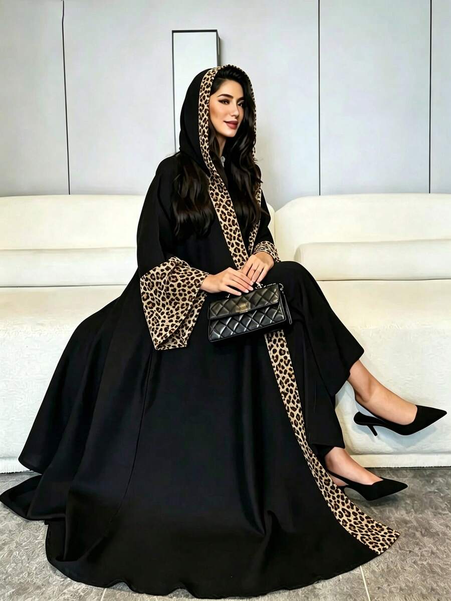 Yasmyna Spring/Summer Linen-Feel Leopard Print Chiffon Women's Cover-Up Robe With Head Veil
